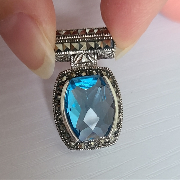 Vintage Art Deco Boho Aqua Blue Brilliant Cut Marcasite Crystal Slider Pendant - Picture 4 of 9